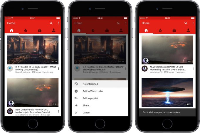 Nyní můžete v aplikaci Youtube doporučená videa označit jako „Nezajímá mě“