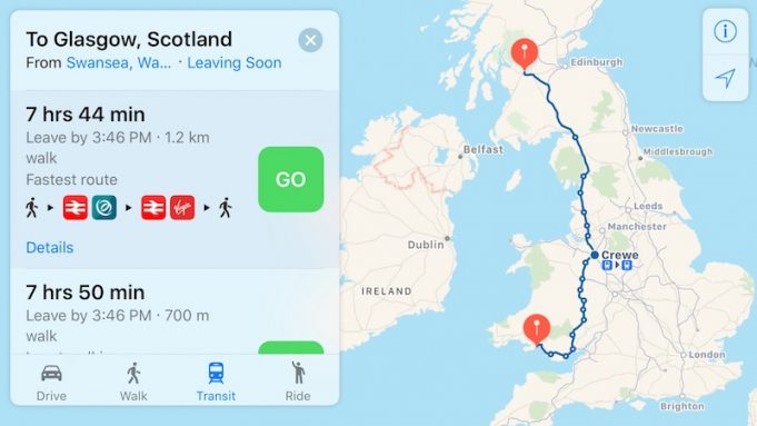 Apple Mapy jsou rozšířeny o dopravu v Anglii