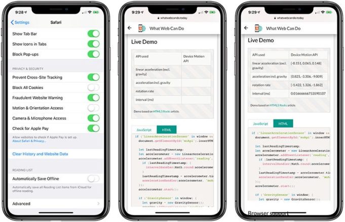 Apple omezil přístup k akcelerometru a gyroskopu v Safari