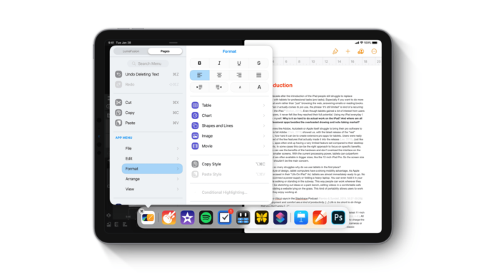 Koncept – iPadOS s klasickým panelem nabídek v aplikacích